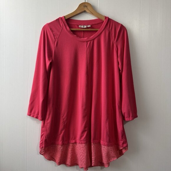 LOGO by Lori Goldstein Rayon Tunic Top with Lace Hem Tea Berry Pockets Sz XS - Picture 1 of 16